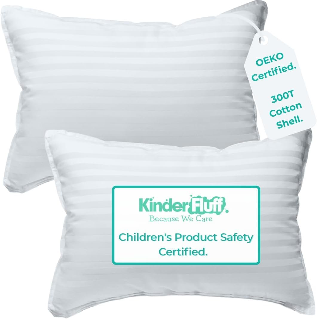 Toddler Pillow 2x–Certified Hypoallergenic Award Winning Baby Pillow (no pillowcase needed) 300TC pure Cotton Shell and Down Alternative fill. Toddler Bedding by Kinder Fluff- Kids pillow 2+ year old