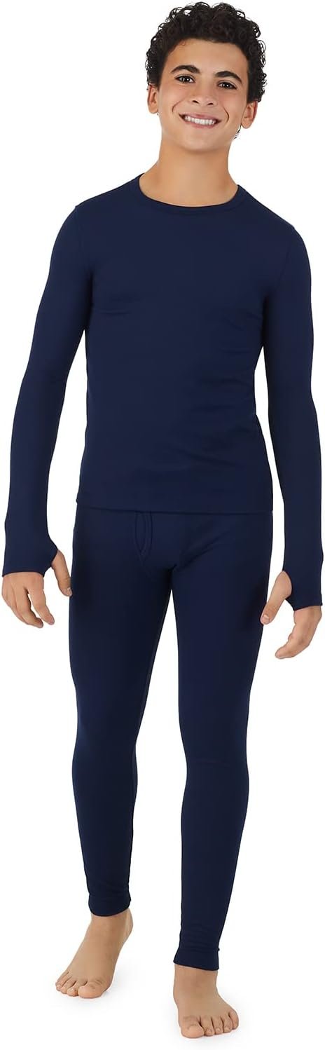 Cuddl Duds Boys Heavyweight Cold Weather Fleece Lined Thermal Set – Long Sleeve Shirt & Leggings – Long Johns for Kids