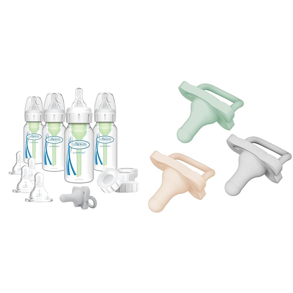 Dr. Brown’s Anti-Colic Breast to Bottle Feeding Set with Slow Flow Nipples, Travel Caps & HappyPaci 100% Silicone Pacifier 0-6m, BPA Free, Cool Gray, Green, Ecru,3 Count