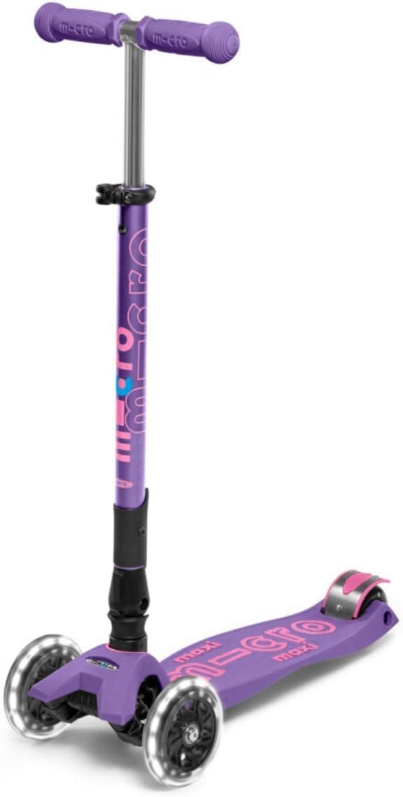 Micro Kickboard | Maxi Foldable LED Kids Scooter for Ages 5-12 | Children up to 110 lbs | 3 Wheel Lean-to-Steer Design | Adjustable T Bar | Smooth Ride, Motion Activated PU LED Wheels | Swiss Design