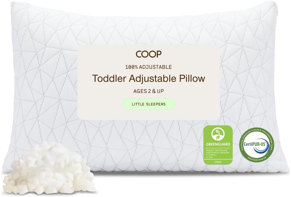 Coop Home Goods Original Toddler Adjustable Pillow, Soft, Breathable, 19″ x 13″ Washable Mini Bed Pillow for Kids with Premium Memory Foam and Zippered Cover, CertiPUR-US/GREENGUARD Gold