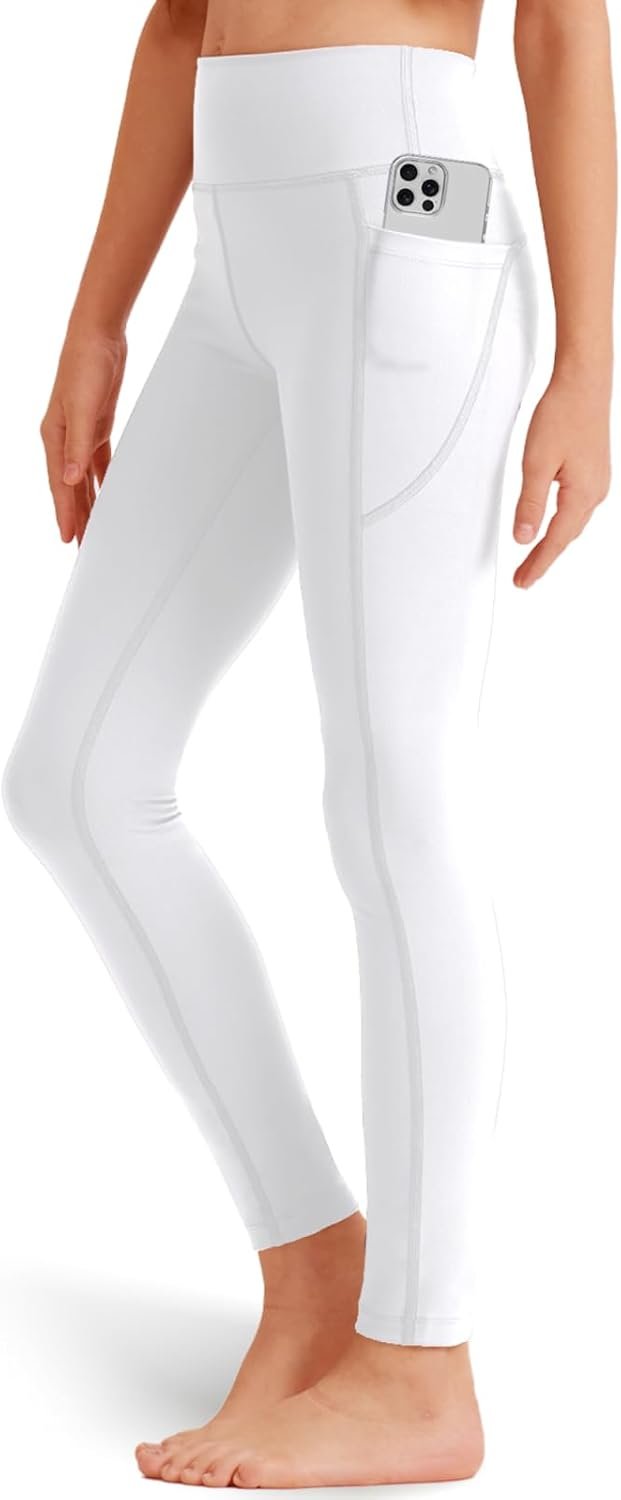 Girls’ Black Athletic Leggings with Pockets, White Ankle Length Yoga Pants for Kids