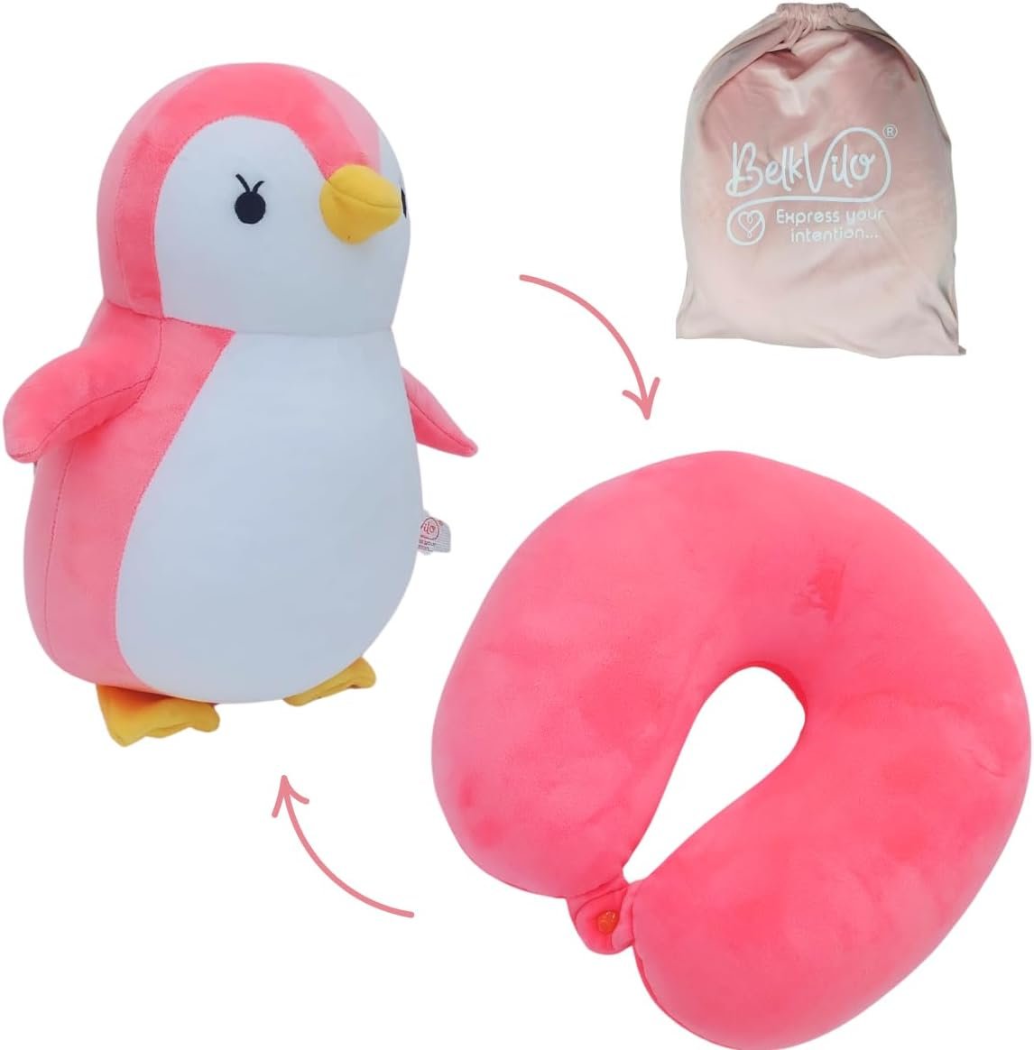 Kids Travel Pillow, 2-in-1 Plush Penguin Neck Pillow & Stuffed Animal, Soft and Comfortable for Car & Airplane Travel, Medium 12”, Ideal for Kids 5–7 Years (Pink)