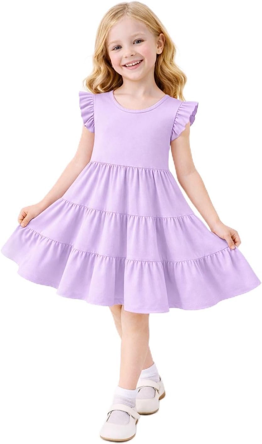 HILEELANG Little Girls Short Sleeve Dresses Easter Summer Cotton Casual Skater Swing Twirly Sundress