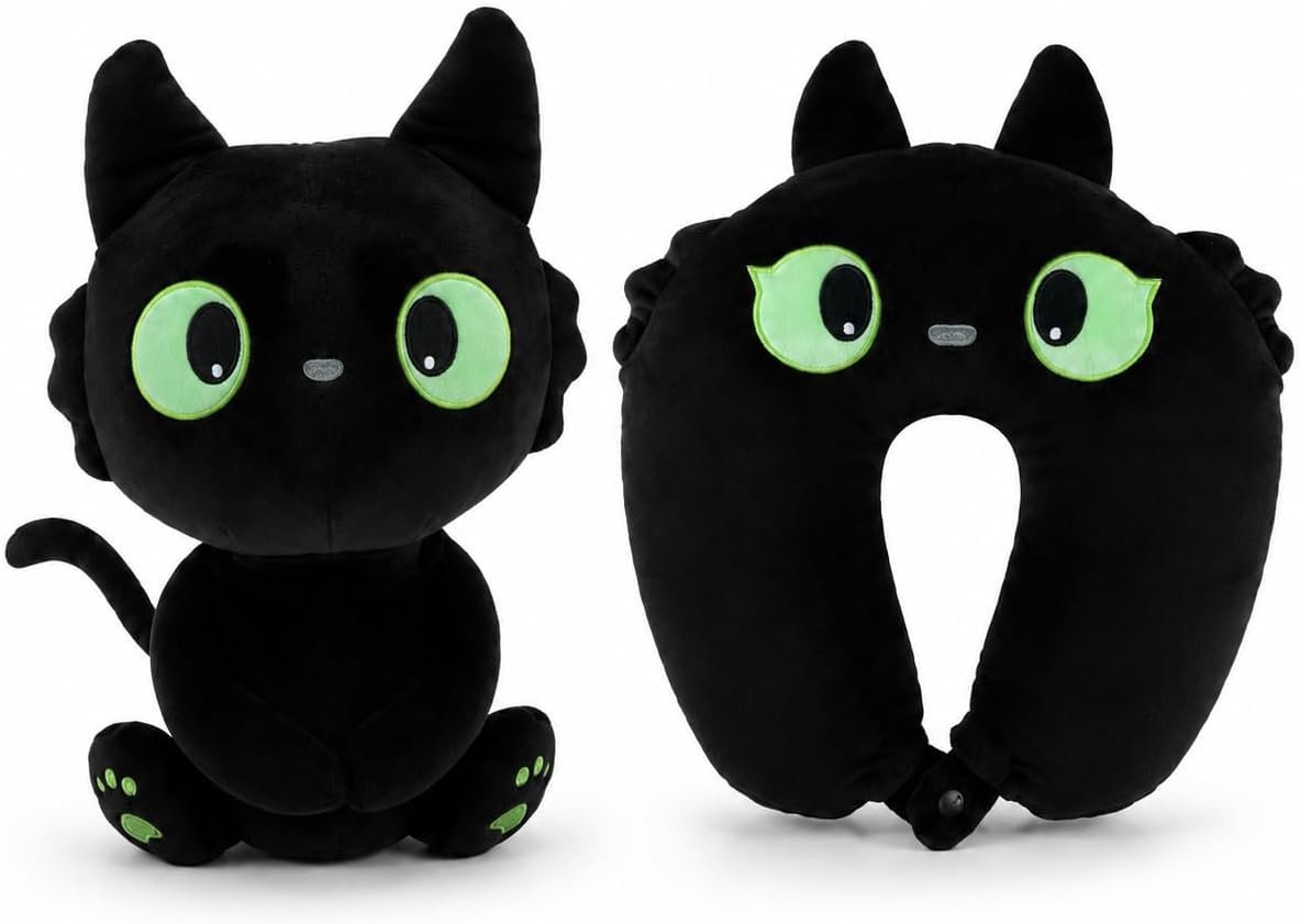 Travel Pillow for Kids & Adults, Black Cat Neck Pillow Plush, 2-in-1 Deformable Memory Foam U-Shaped Headrest, Cute Stuffed Animal Pillow for Airplane, Car, Train