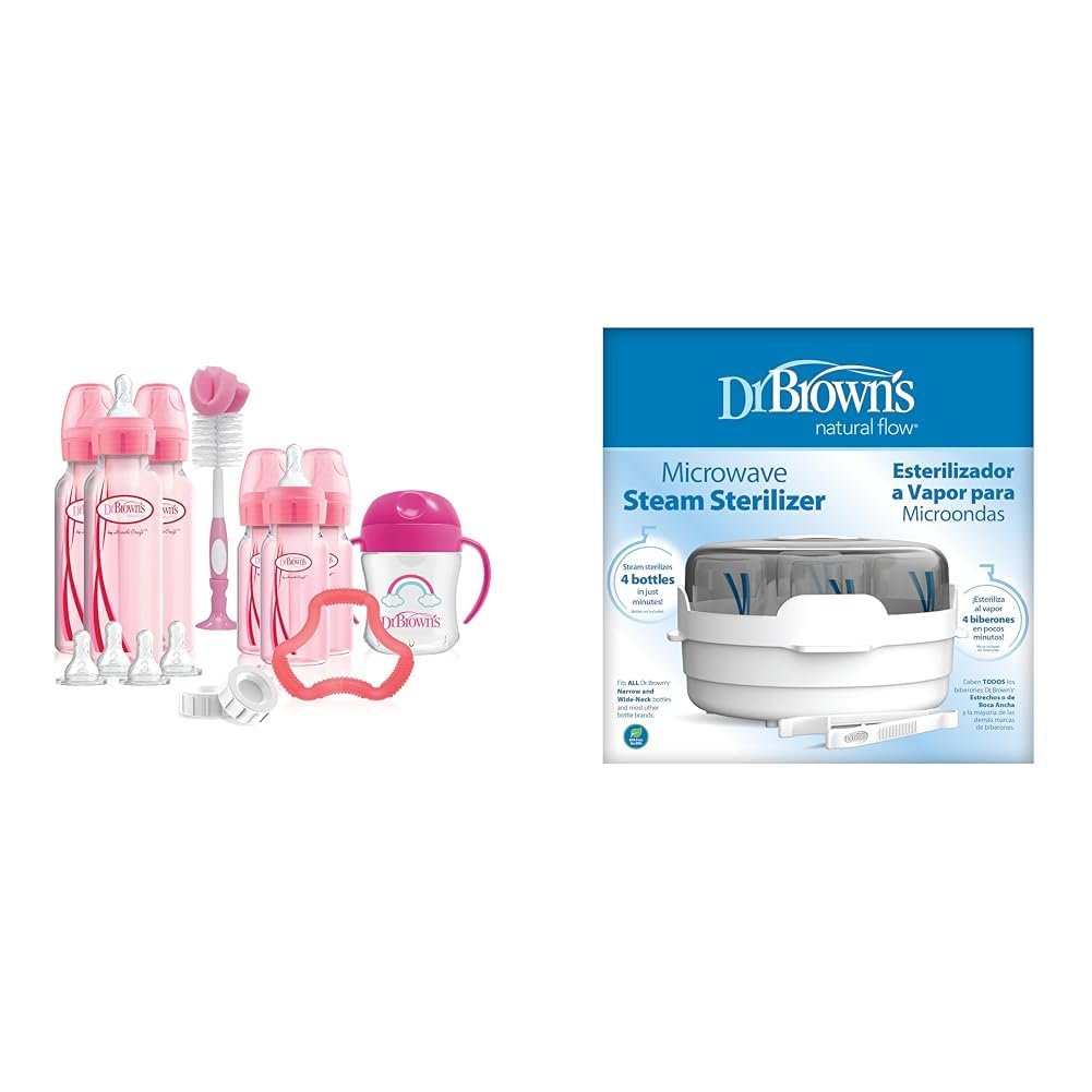 Dr. Brown’s Anti-Colic Pink Baby Bottle Gift Set with 3 8oz & 3 4oz Bottles, Nipples, Cup, Teether, Brush & Microwave Steam Sterilizer for Bottles & Parts