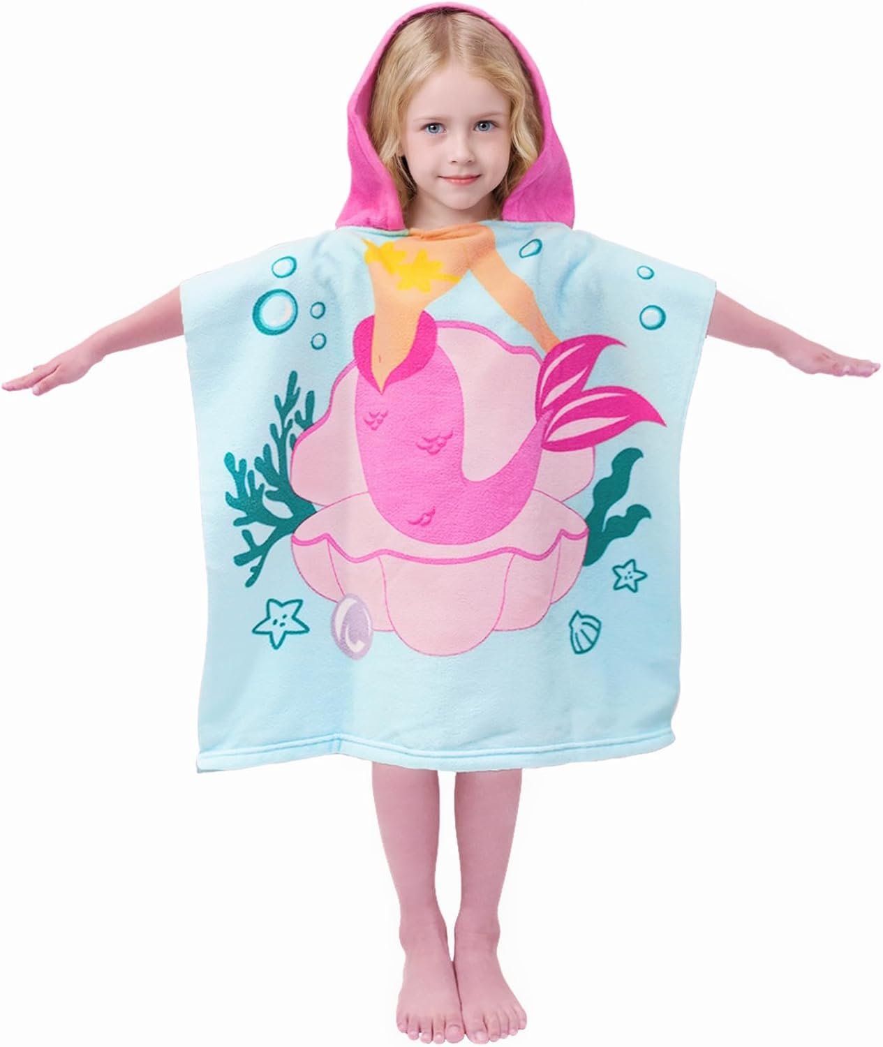 growell Hooded Kids Beach Towels – Toddler Bath Towel Girls Boys Swim Cover-ups for Ages 1 to 6 Kids Pool Towels Quick Dry Lightweight Soft Microfiber Poncho Towel 24×23 (Mermaid Seashell)