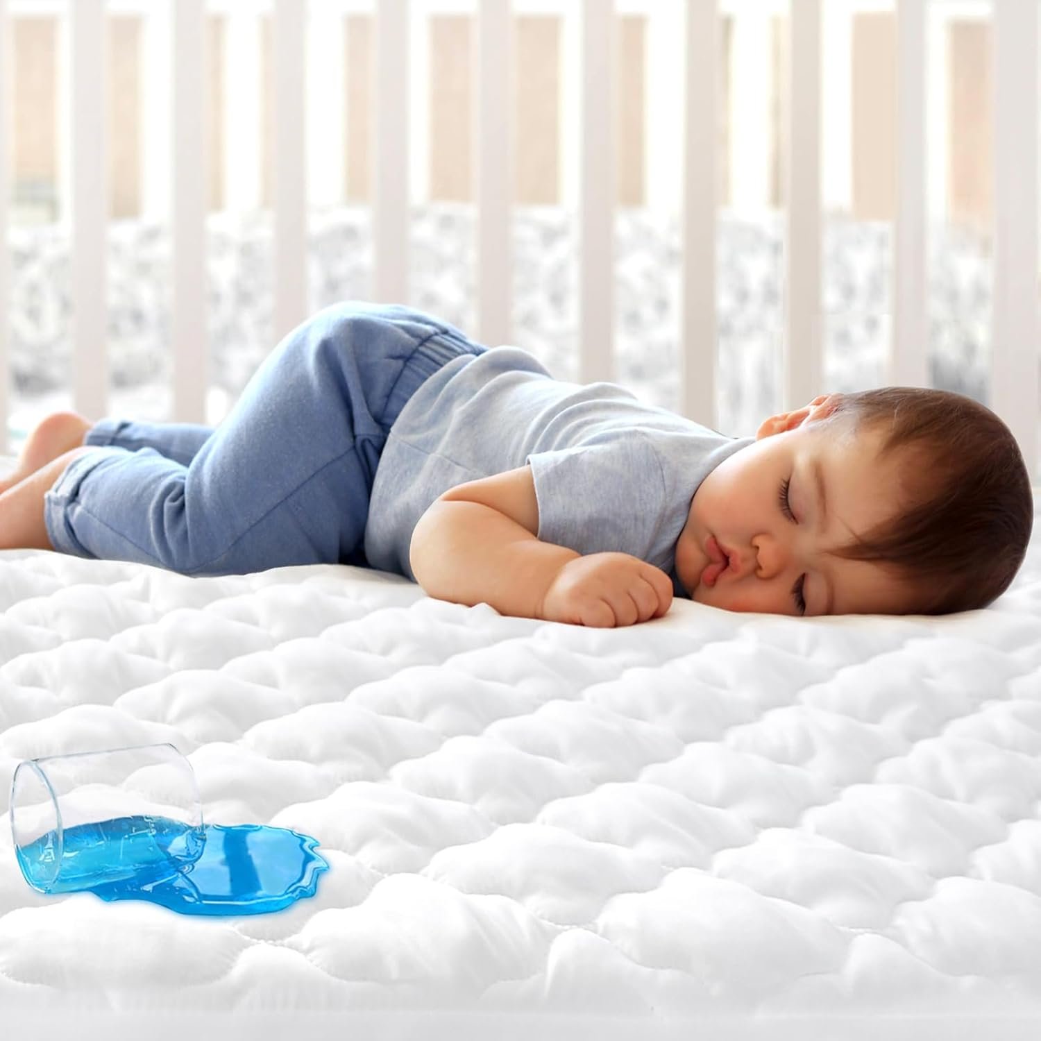 Crib Mattress Protector Sheets Fitted Waterproof Crib Mattress Pad Cover, Noiseless & Machine Wash 100% Absorbent Crib/Toddler Mattress Protector Sheet Quilted, White, 52″ x 28″