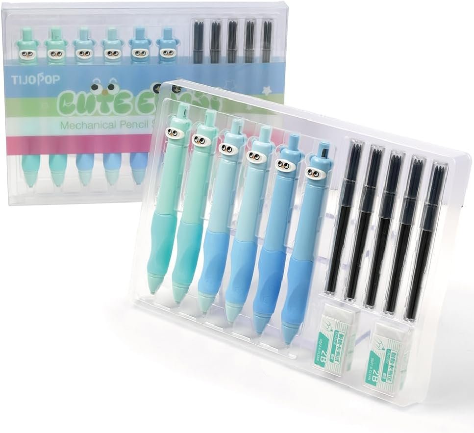 6PCS Cute Mechanical Pencils 2.0MM with Comfort Ergonomic Grip, 25PCS Leads,2PCS Erasers,Cute Stationery Kit for Writing, Sketching & Drawing,Ideal for Gift