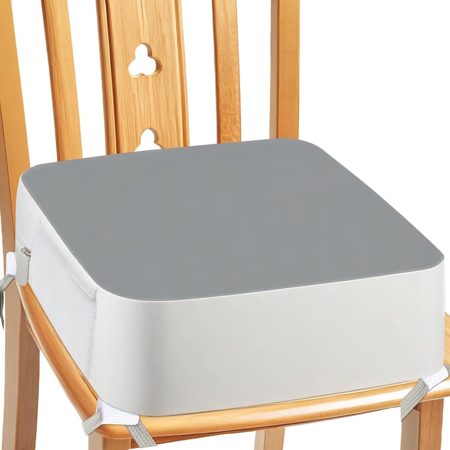Booster Seat for Kitchen Chair – 4-Point Anchor 3.8″ Lift Toddler Booster Seat for Dining Table with Side Pockets, Non-Slip & Portable Dining Cushion for Kids (Grey)