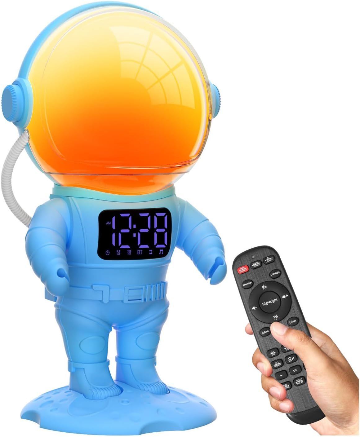 AFEXOA Astronaut Sunrise Alarm Clock for Kids, White Noise Sound Machine with 30 Soothing Sounds, 22 Dimmable Nightlights, Bluetooth Speaker, Dual Alarms, Wake Up Light for Bedroom(Blue)