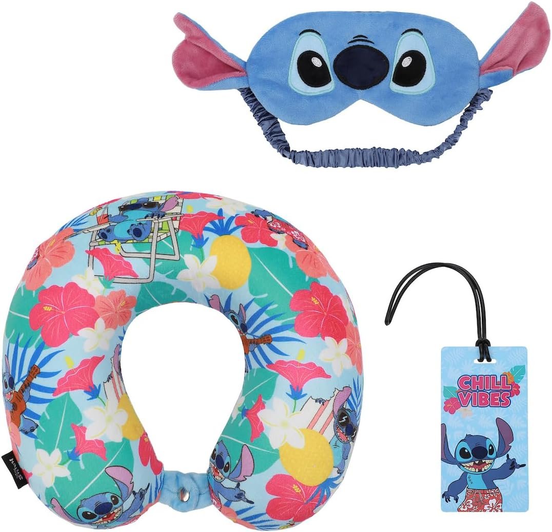 Lilo & Stitch kids Travel Set with Neck Pillow, Eye Mask, and Luggage Tag – Comfort and Style for Young Travelers!