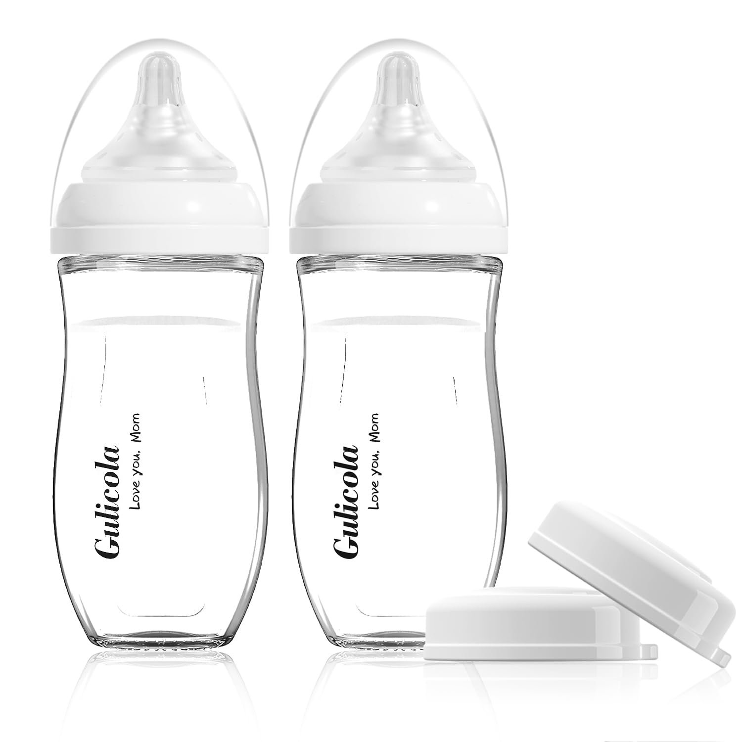 Gulicola Natural Glass Baby Bottle for Breastfed Babies, Anti-Colic Baby Bottle Set with Medium Flow Nipple, 3 Months +, 8 oz, 2 Pack – White