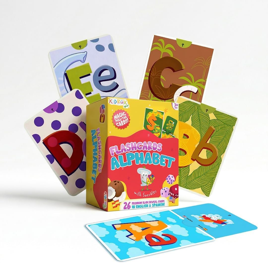Kidrox Squad Alphabet Flashcards for Kids – 26 Slide-Reveal Cards in English & Spanish | Magic Pull-Tab Bilingual Learning Game for Toddlers & Preschoolers Age 3+
