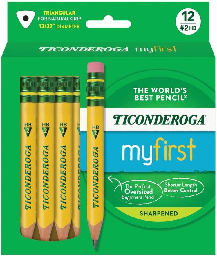 Ticonderoga My First Half-Size Wooden Pencils, Large Triangle-Barrel Pre-Sharpened #2 (HB) Short 4.5″ Yellow Pencils with Erasers, Yellow, 12/Pack