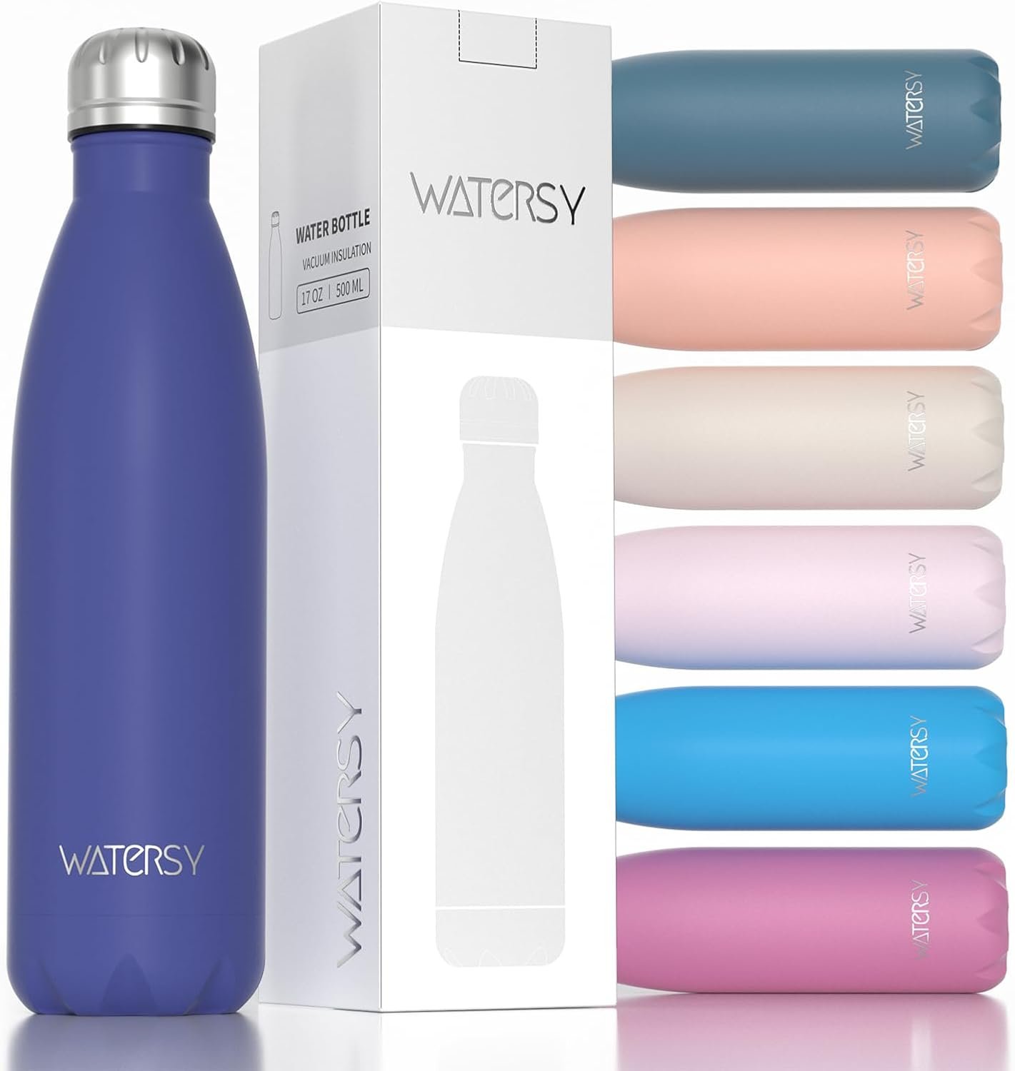 WATERSY Stainless Steel water bottles,17oz/500ml Insulated Water Bottles,Deep Blue metal water bottle Keeps Drink Cold and Hot,BPA Free kids water bottles for School,Gym,Travel,Sports