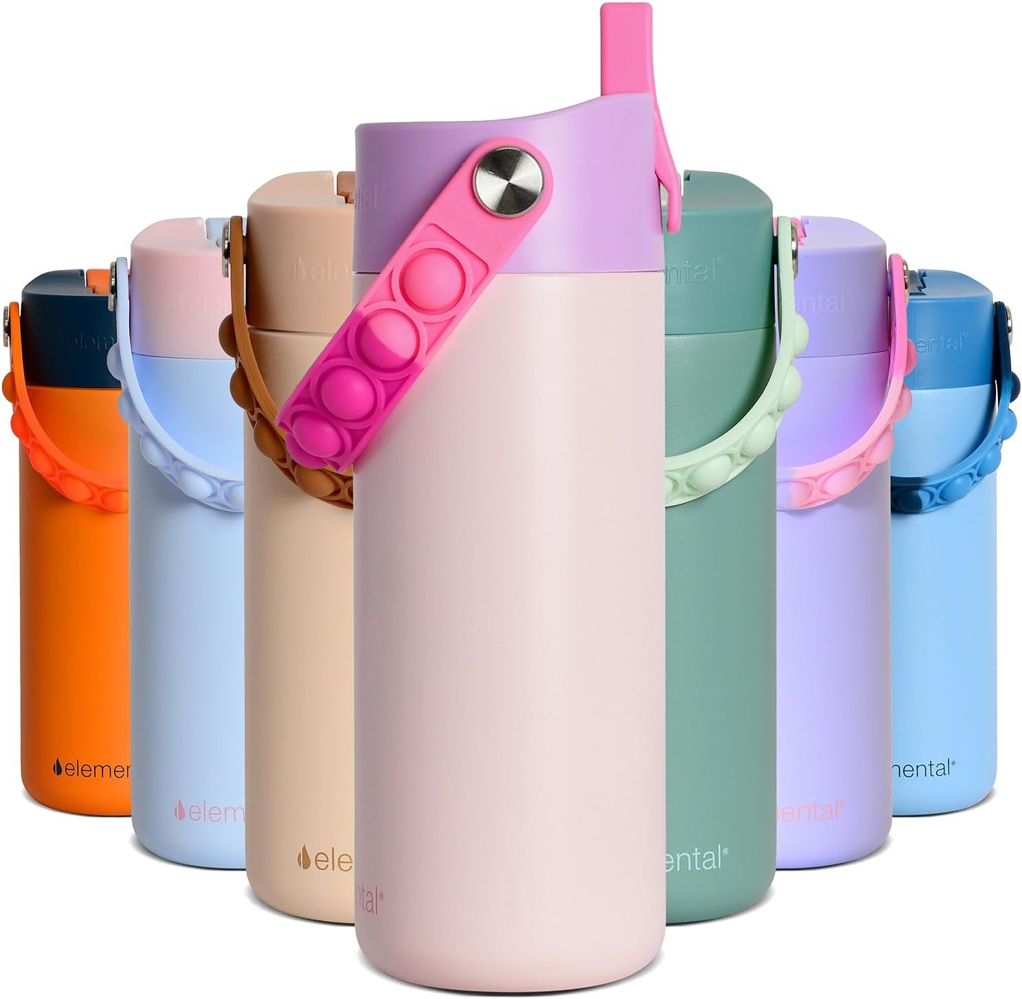 Elemental Insulated Kids Water Bottle, Stainless Steel Water Bottle with Straw Lid & Pop-It Handle, Leak-Proof Water Bottles for School, Boys or Girls, Travelling and Sports, 18oz – Pink Tie Dye