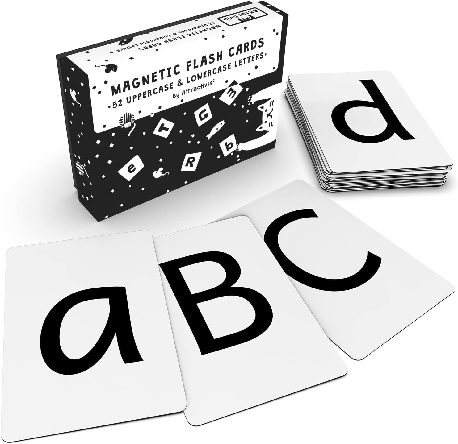 Attractivia Magnetic Big Alphabet ABC Flash Cards – 52 Sturdy Uppercase & Lowercase Large Letters, Black – for Classroom Teachers, Homeschool, ESL, Kids and Adults