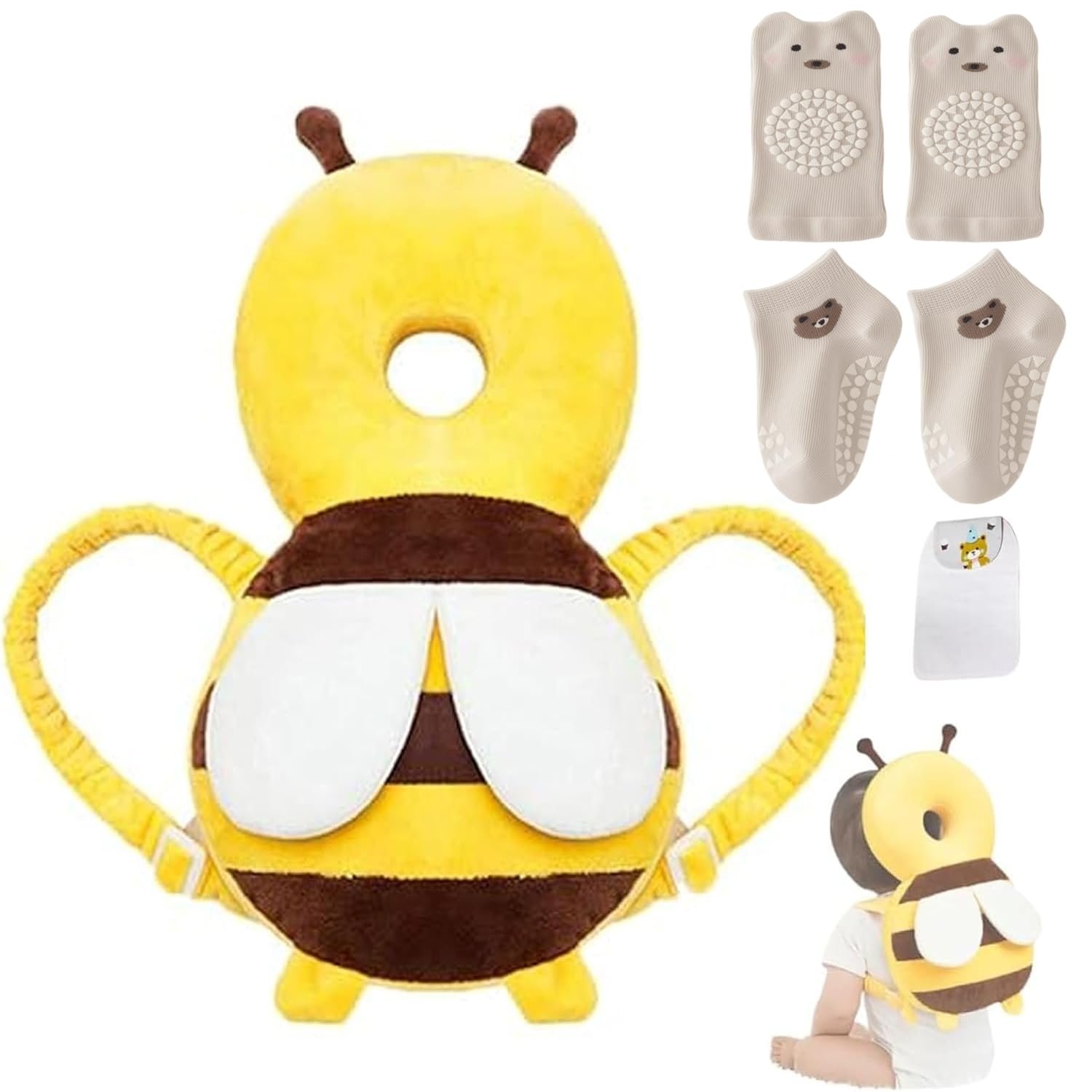 Baby Head Protector Backpack, Toddler Baby Head Protection Backpack with Baby Knee Pads Alarm Function for Walking & Crawling, Soft, Breathable and Wearing Safety Baby Head Protector – Yellow Bee