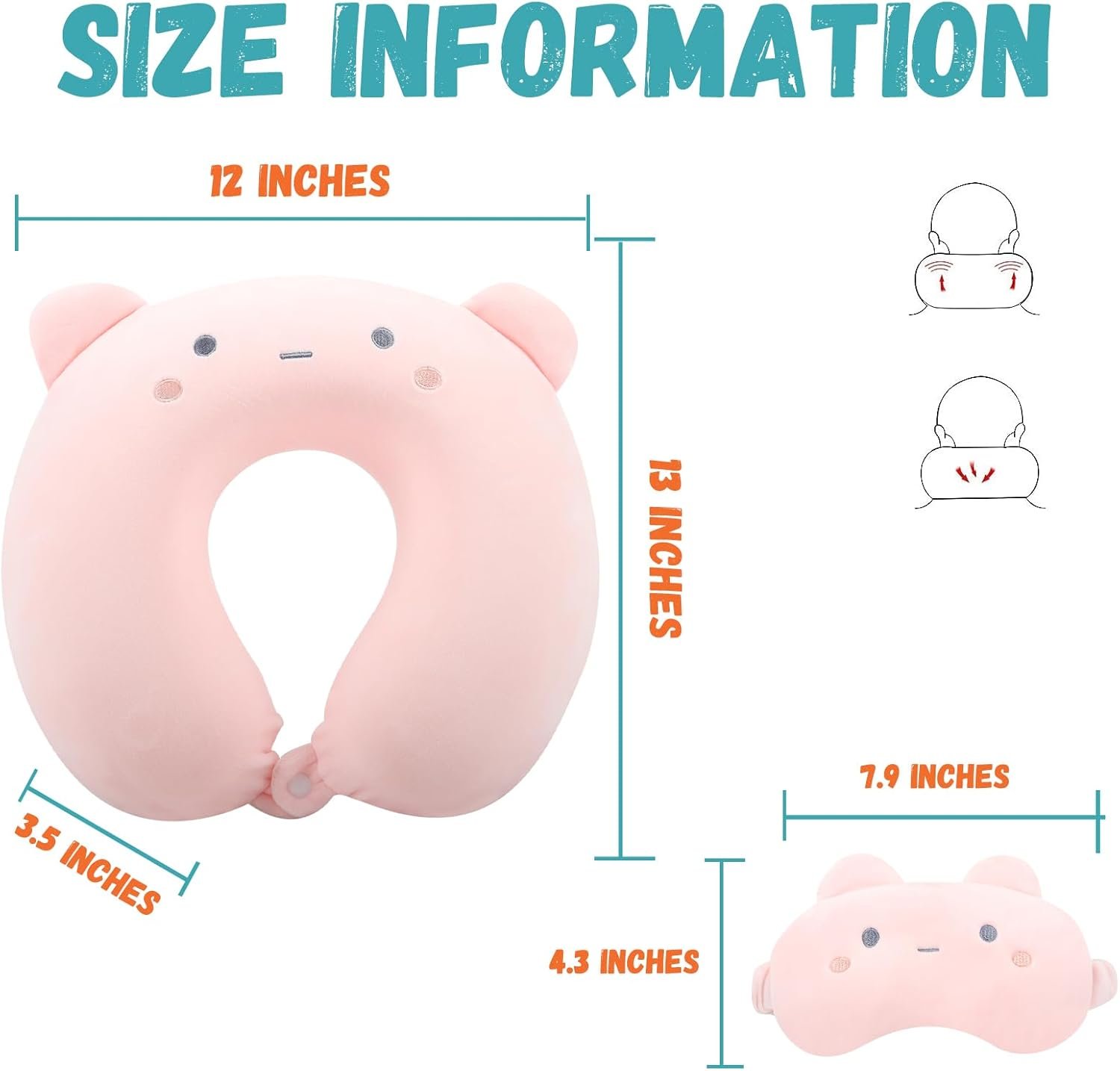 Kids Neck Pillow for Travel with Sleep Eye Mask, Cute Travel Neck Pillow, Memory Foam Flight Sleeping Headrest Pillow for Boys & Girls, Airplane, Train, Car, Home Use – Peach Bear