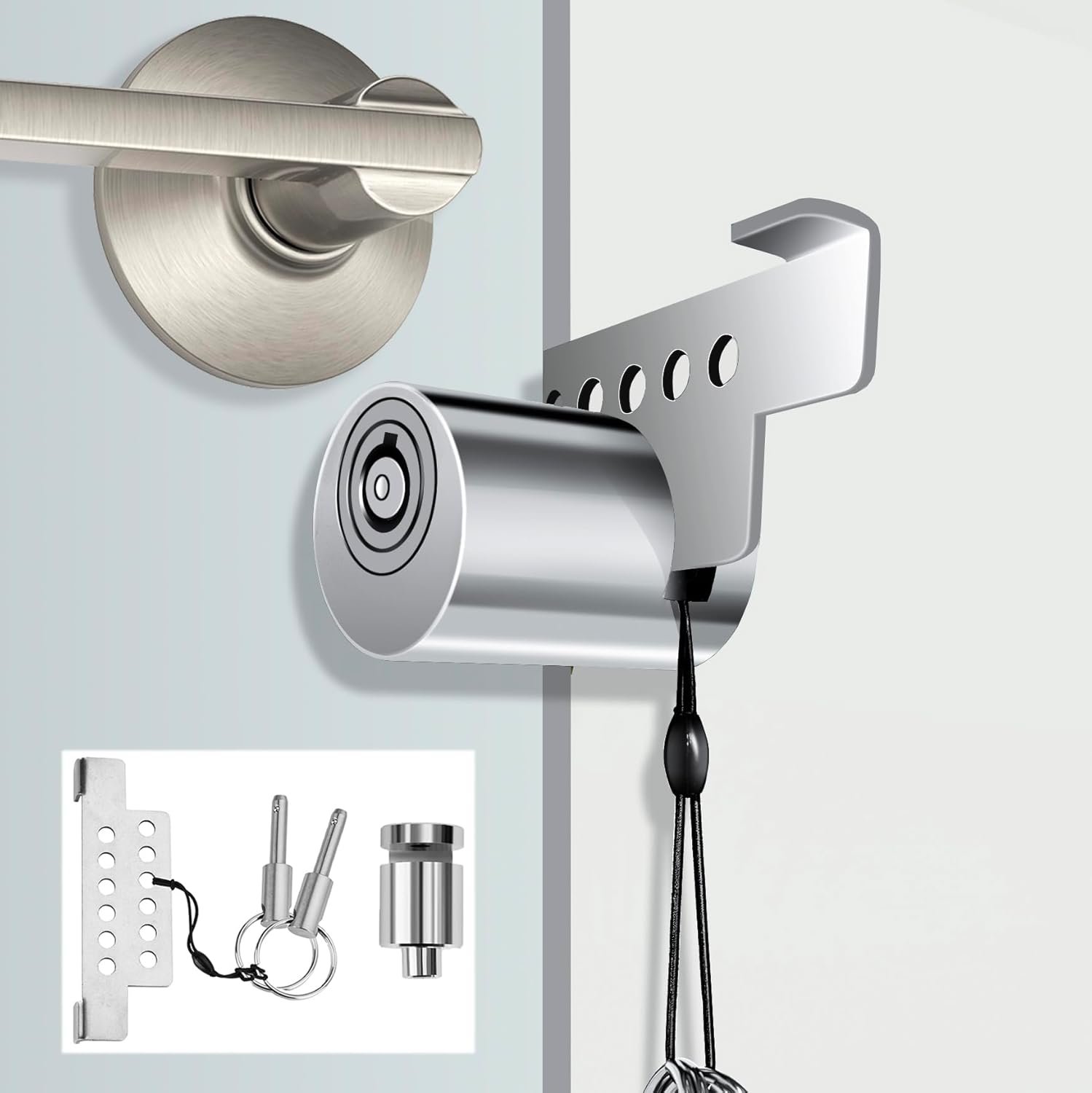 Portable Keyed Door Lock for Home/Travel Security, Child Safety Protection Extra Lock, Temporary No Drill Lockout Device with Key for Apartment Bedroom Hotel Room