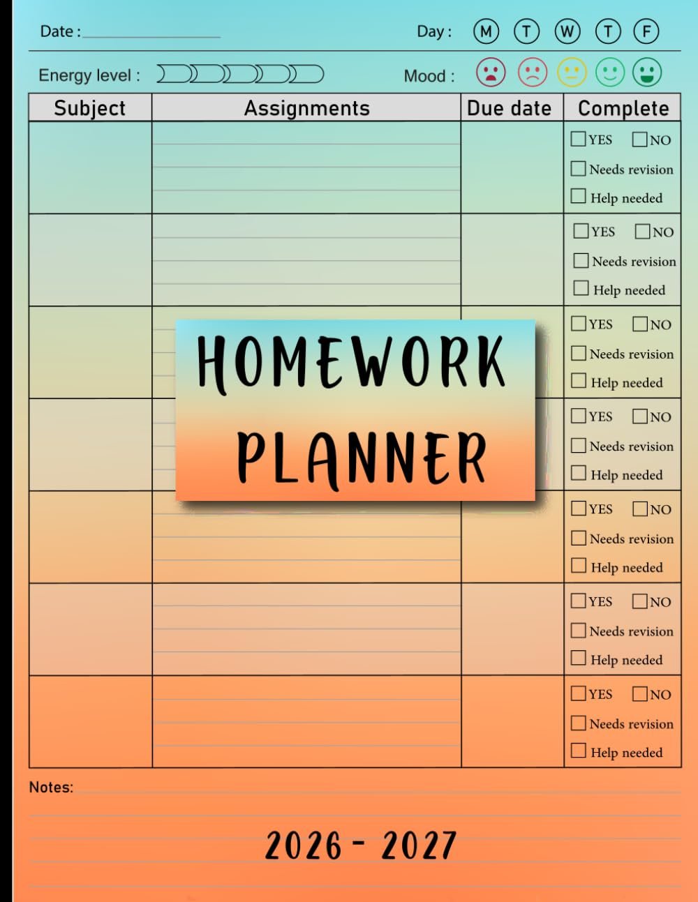 Homework Planner for ADHD Students 2026-2027: Undated Assignment Journal Notebook Elementary, middle, high school and College