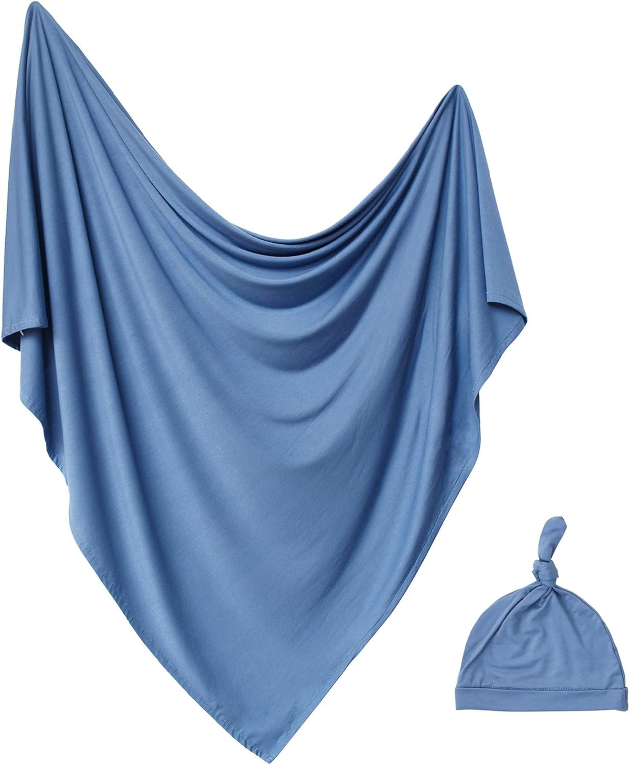 Newborn Swaddle Blanket with Hat Set Baby Swaddle Set Hospital Receiving Blankets for Girls Boys(Steel Blue,35″*35″)