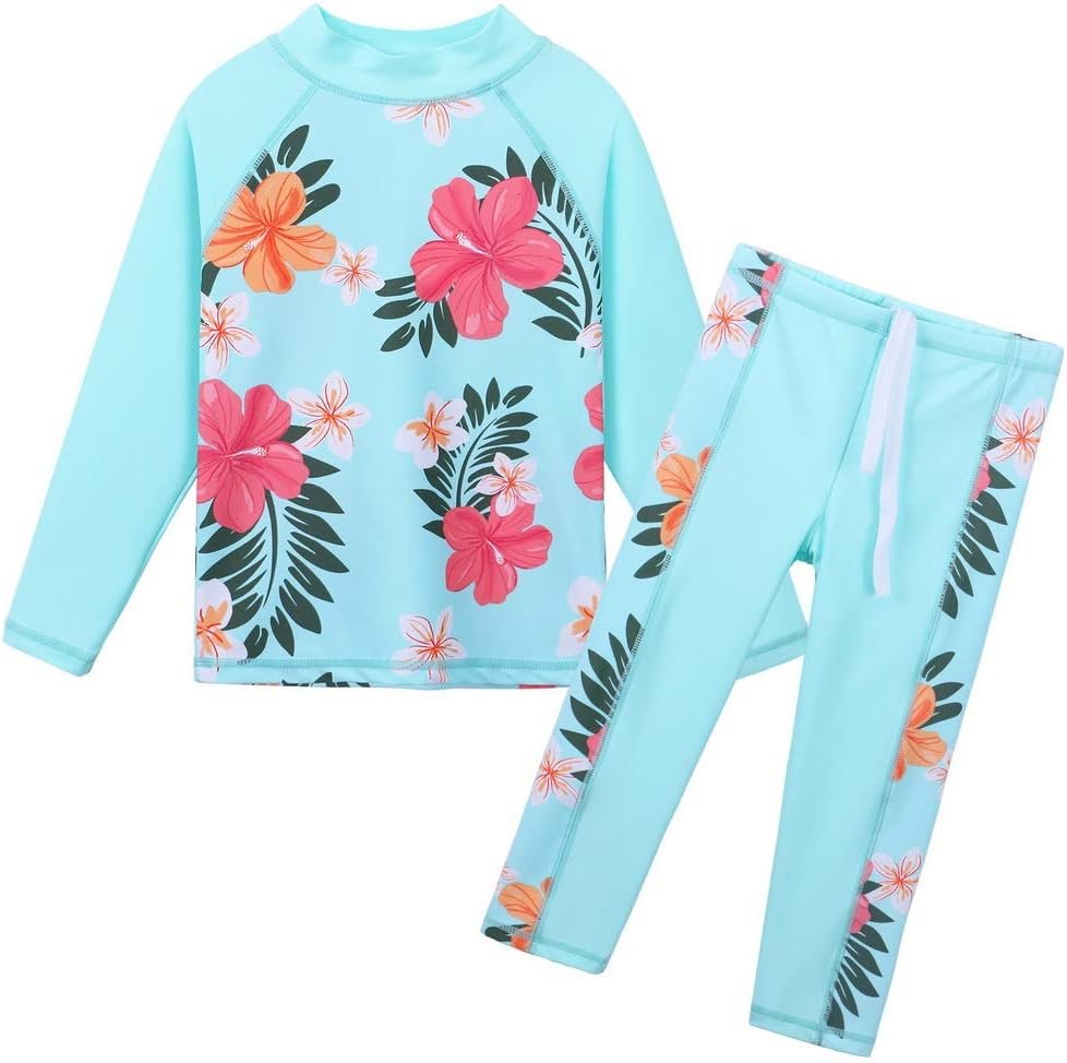Girls Two Piece Swimsuit Long Sleeve Floral Bathing Suit UPF 50+ Summer Beach Swimwear