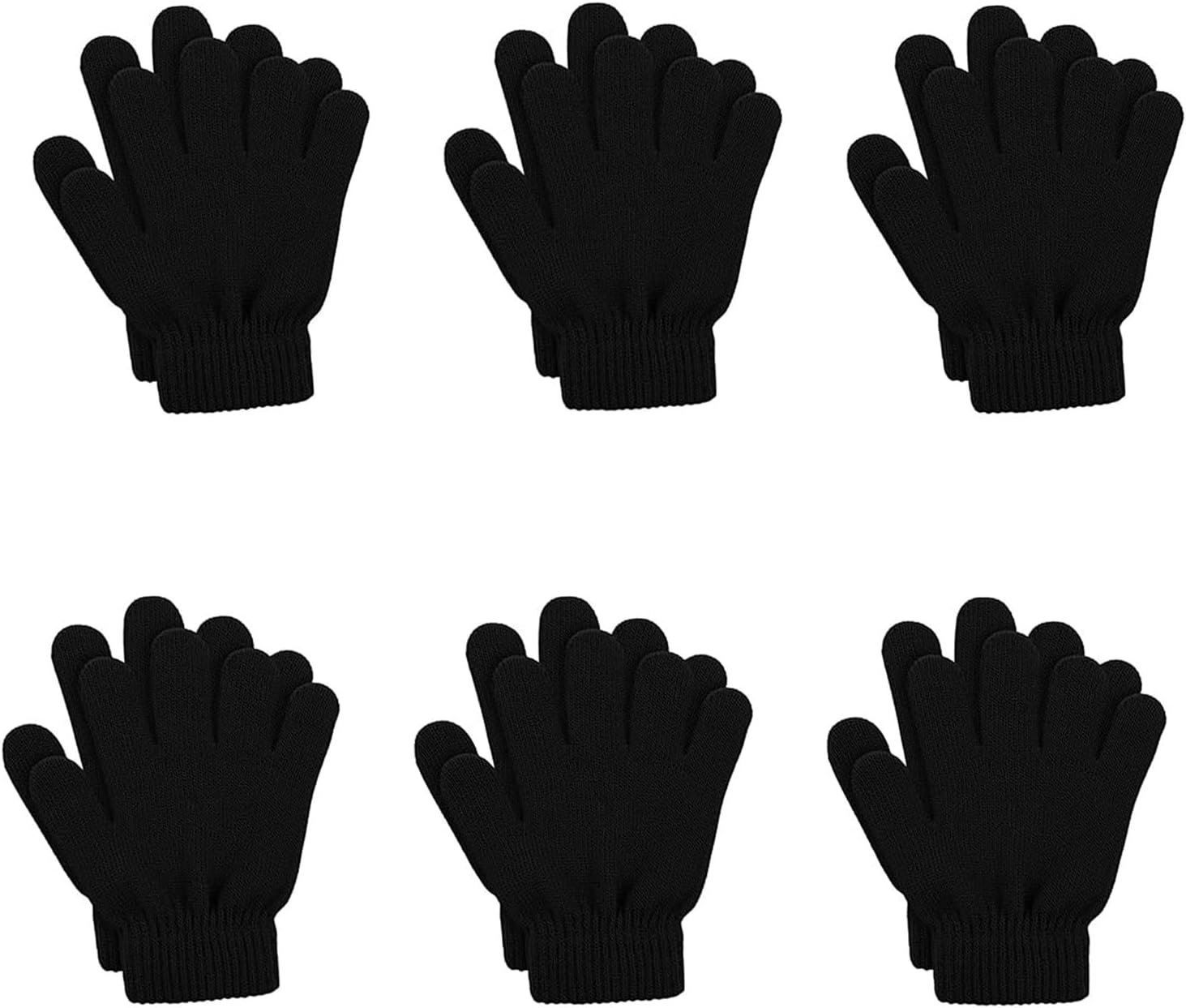 6 Pairs Winter Magic Gloves Kids Stretchy Unisex Black Gloves Toddler Boys Girls Children Magic Knit Gloves