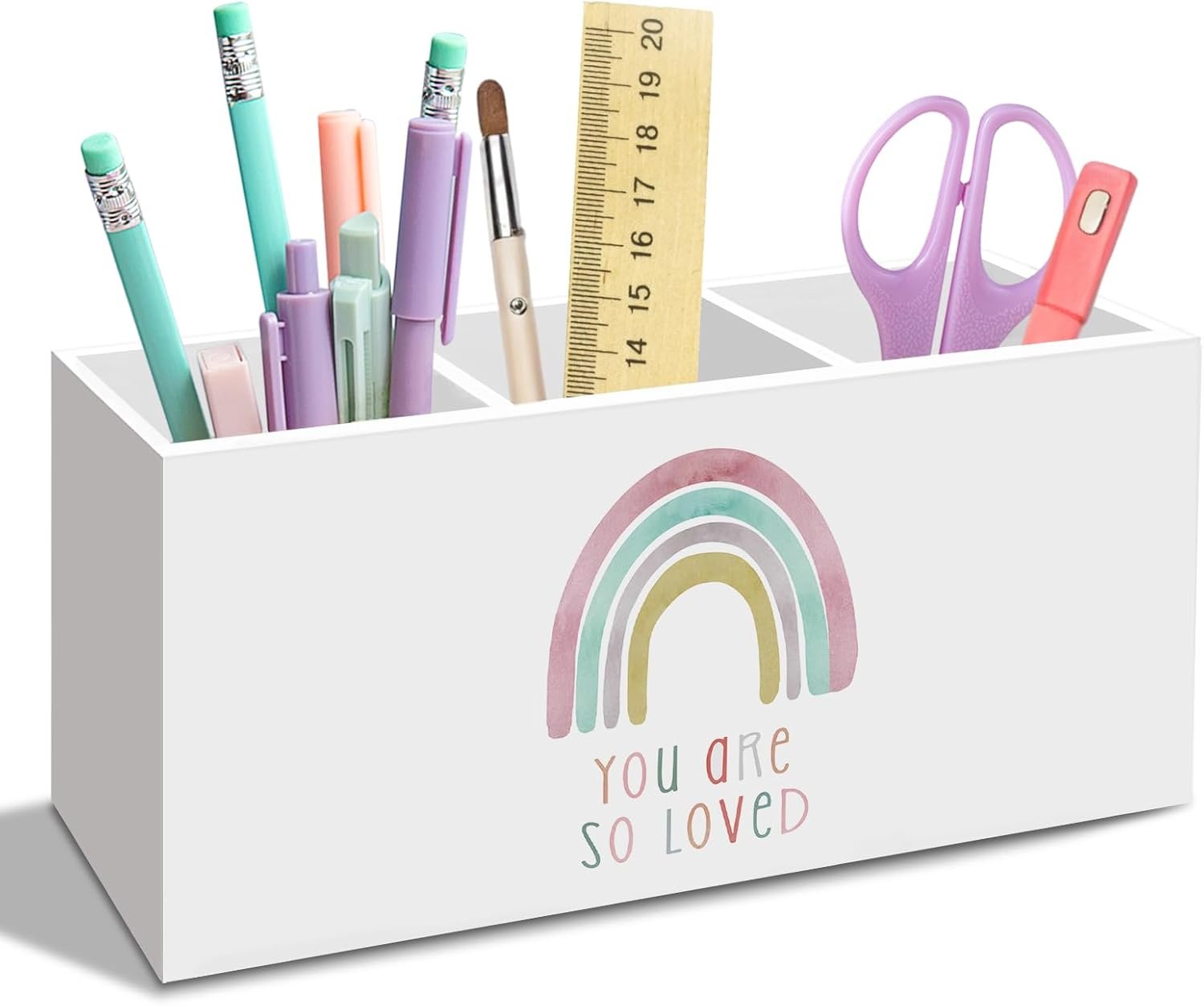 Kids Rainbow Pen Pencil Holder for Desk, Inspirational You Are Loved Office Desk Accessories, Boho Rainbow Pen Holders Organizer for School Kids Girls Room Bedroom Classroom Nursery Decor