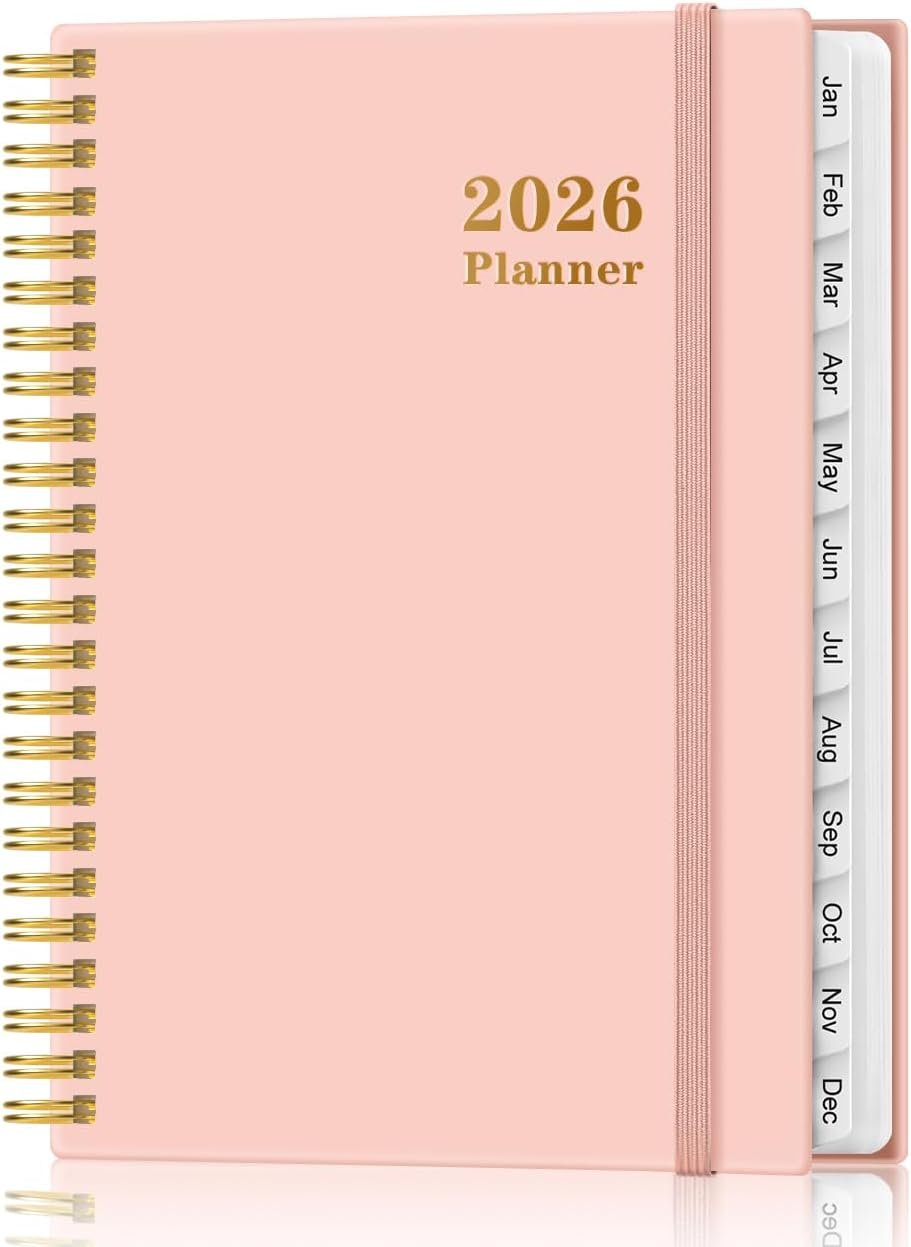 2026 Planner – Weekly and Monthly Calendar Planner from Jan 2026 – Dec 2026, Planner 2026 Spiral Bound with 12 Monthly Tabs, Inner Pocket, Perfect for School Office Supplies, 6.4″ x 8.5″, Pink