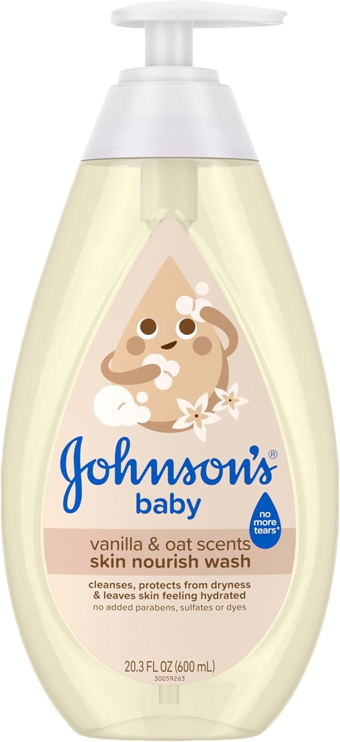 Johnson’s Skin Nourishing Moisture Baby Wash, Vanilla & Oat Scents, Tear-Free, Hypoallergenic Baby Body Wash Cleanses, Protects from Dryness, & Leaves Skin Feeling Hydrated, 20.3 fl. oz