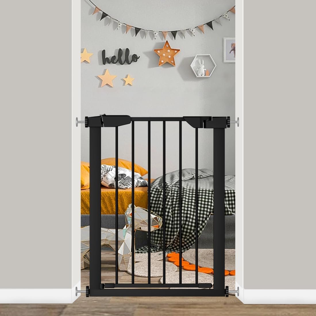 Fairy Baby 22.8″-25.5″ Narrow Baby Gate for Stair, Pressure Mounted Auto-Close Pet Gate for Small Walk Thru and Doorways, Safety Child Gate No Drilling, No Extensions, Black
