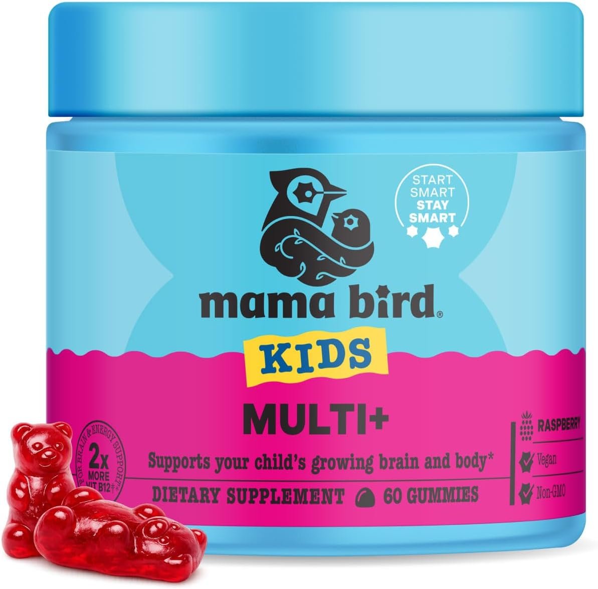 Mama Bird Multi Plus Gummies – Brain Health Support Supplement with Methylated Vitamins – Chewable Multivitamin for Kids – Aids Healthy Energy & Immune Function – Raspberry, 60 Gummies