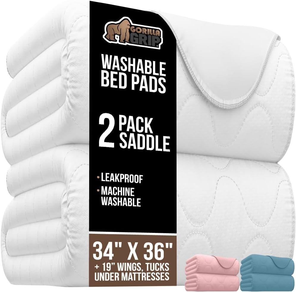 GORILLA GRIP Washable Toddler Mattress Incontinence Pads, Waterproof Bed Underpads, Absorbent Leak Proof, 34×36+19in Wings, 2 Pack Slip Resistant Pad Absorbs 8 Cups for Bedwetting Adults Kids, White