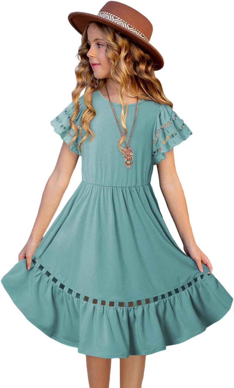 blibean Tween Girls Embroidery Sleeve Dress Summer Outfits 6-15 Years