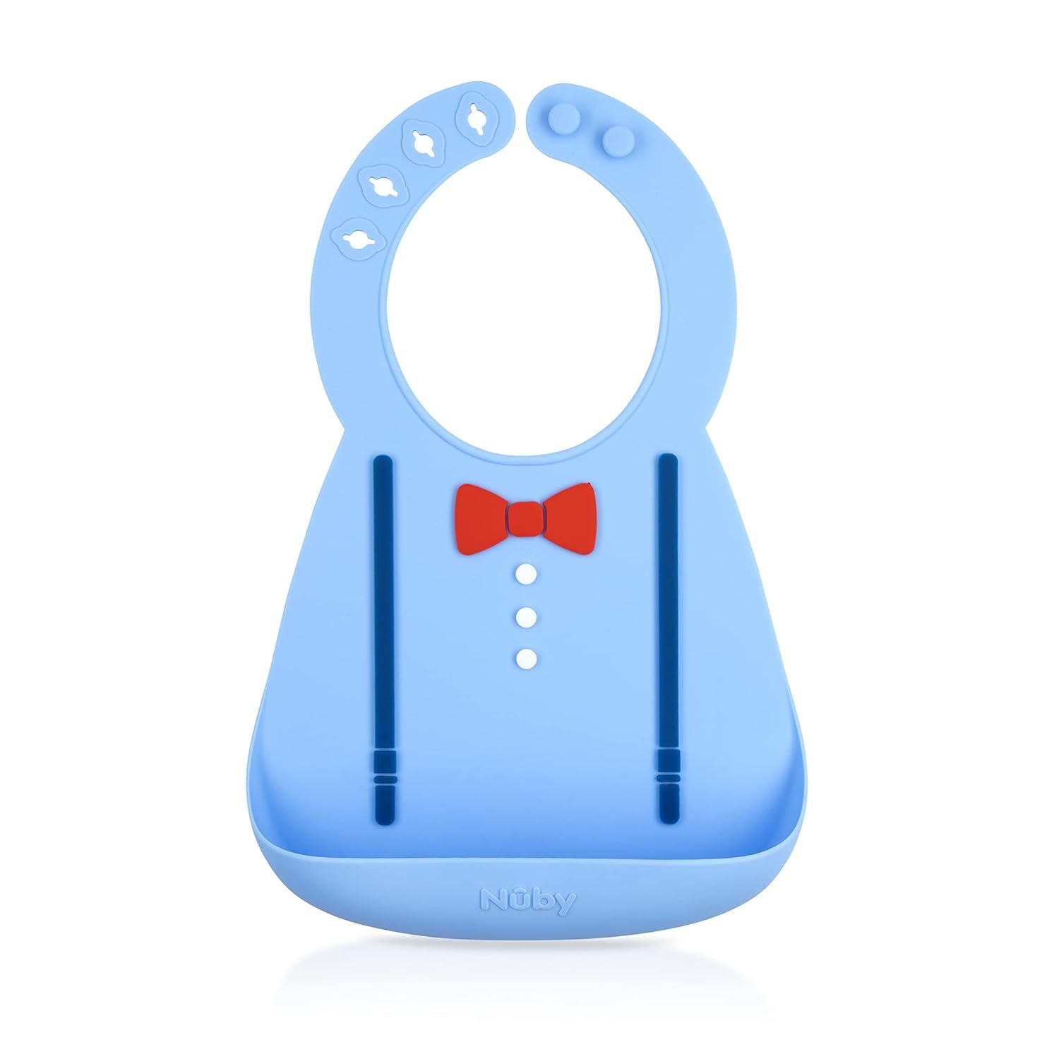 Nuby 3D Soft Silicone Baby Bib with Scoop – Silicone Bib for Toddlers and Babies 6+ Months – Suspenders and Bow Tie
