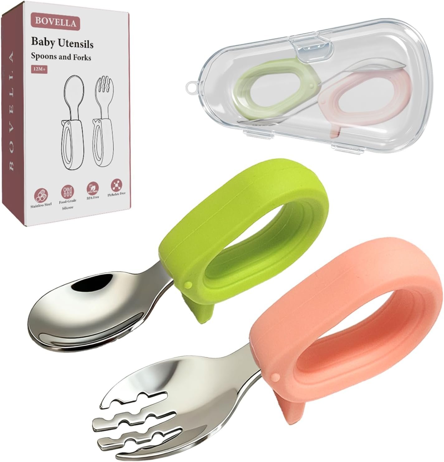Toddler Utensils, Stainless Steel Baby Forks and Spoons Set with Silicone Handle, Kids Silverware with Portable Storage Case, Baby Feeding Essentials, Dishwasher Safe (Green+Pink)