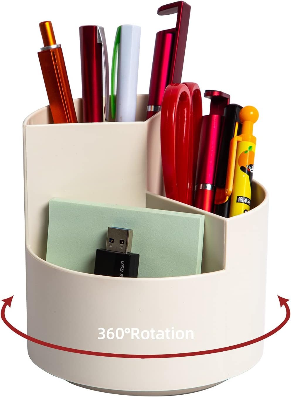 Desk Pencil Pen Holder, 3 Slots 360-Degree Spinning Organizers, Desktop Storage Stationery Supplies, Cute Cup Pot for Office, School, Art Supply, Kids – White