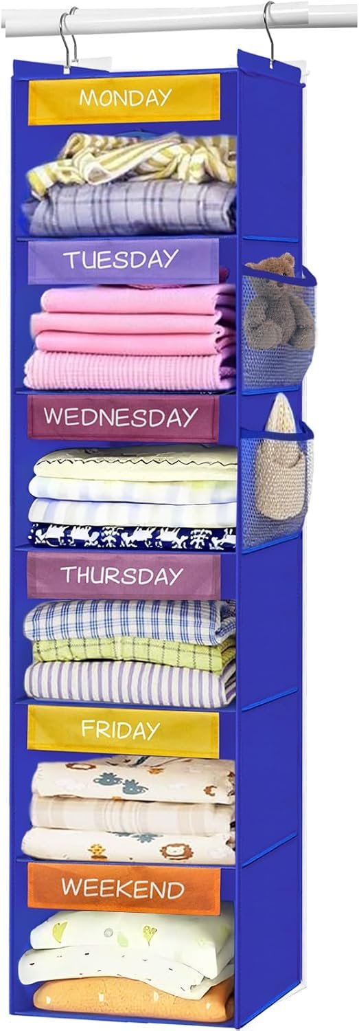 homyfort Weekly Clothes Organizer for Kids, 6-Shelf Hanging Closet Organizer with Colorful Labels, Space Saving Design with 2 Pockets, Daily Hanging Closet Shelves for Kids Room Storage, Blue