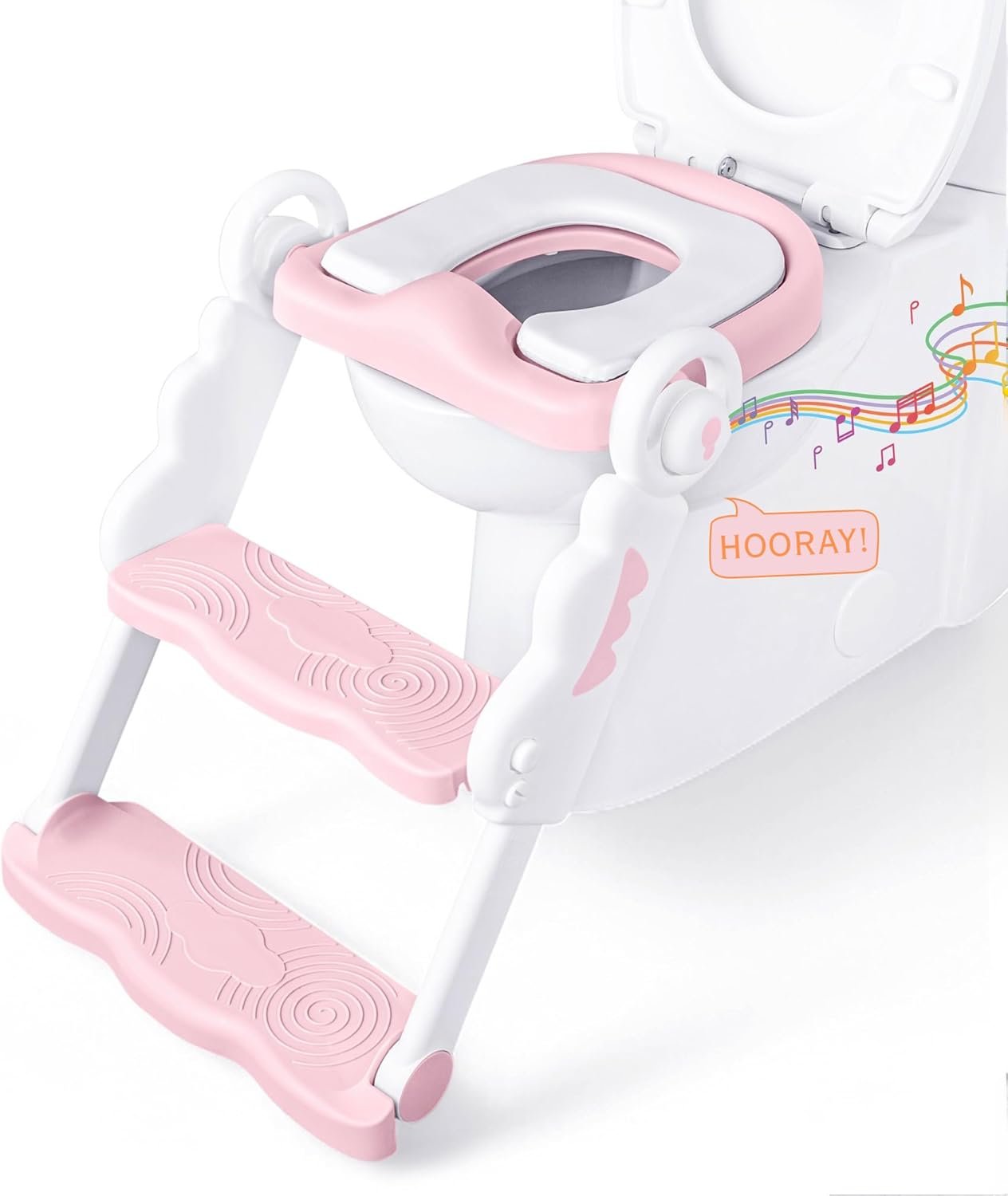 bebeleh Musical & Sound Toddler Potty Training Seat w/Step Stool Ladder – Collapsible & Adjustable Toilet, Pre Assembled Toddler Toilet Seat w/Music & Sounds – Splash Guard & Anti-Slip Steps – Pink