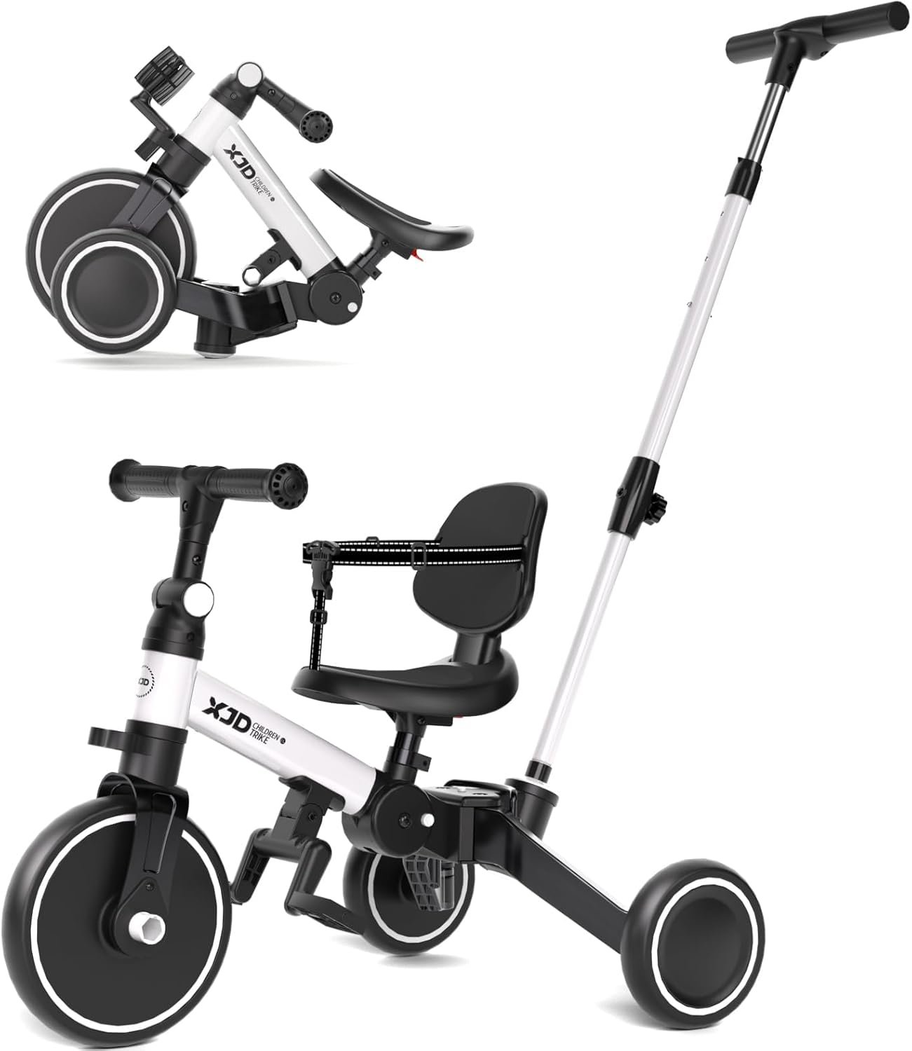 XJD Toddler Bike, 6 in 1 Folding Toddler Tricycle for 1-4 Year Old with Parental Control Handle, Balance Bike with Removable Pedal, Backrest, Adjustable Seat Height, First Birthday Gifts (White)