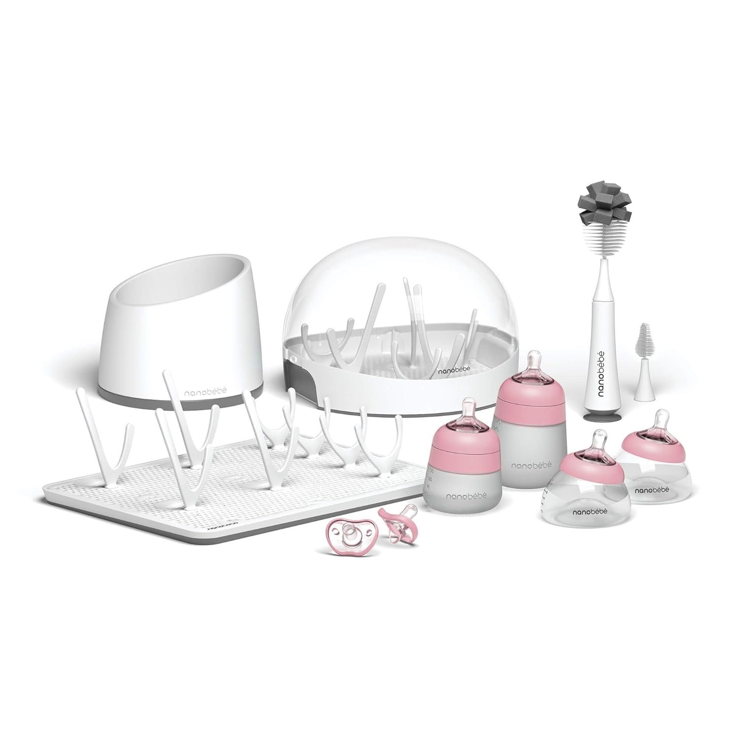Nanobebe Breastmilk and Silicone Baby Bottle Ultimate Set Gen 2, 5oz and 9oz – with Sterilizer, Drying Rack, Anti-Colic Nipples, Pacifiers, and Warmer – Pink/Grey