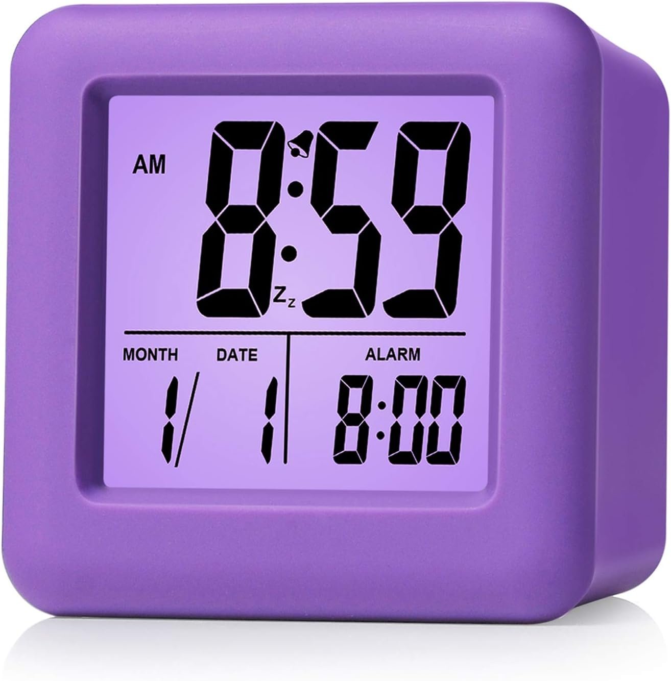 Plumeet Digital Alarm Clock for Kids with Snooze and Nightlight – Easy Setting Silicone Display Time, Date – Loud for Bedroom – Battery Powered (Purple)