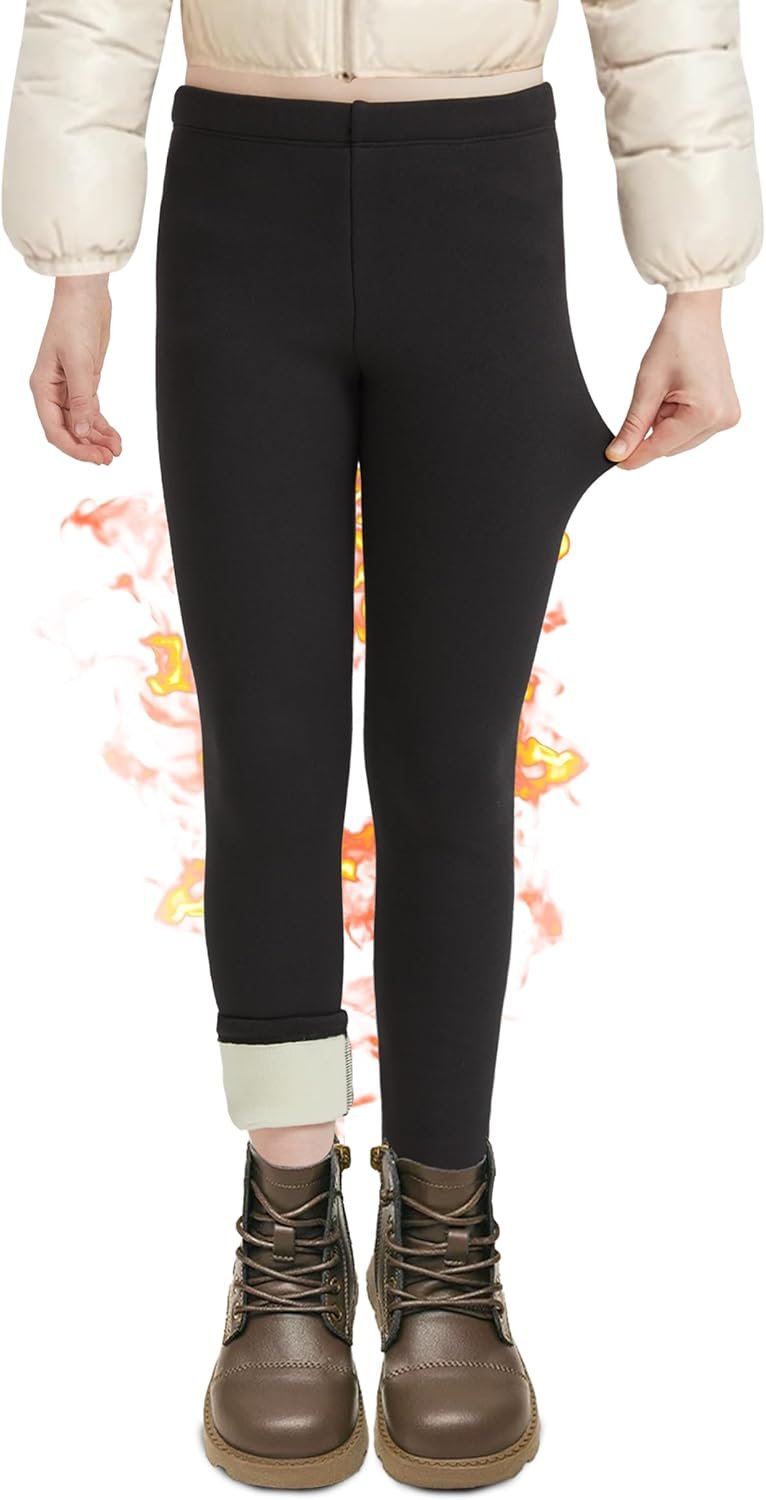 DDOBB Girls Fleece Lined Leggings Black Winter Thermal Warm Clothes Running Thick Pants Cold Weather for Kids 5-13 Years