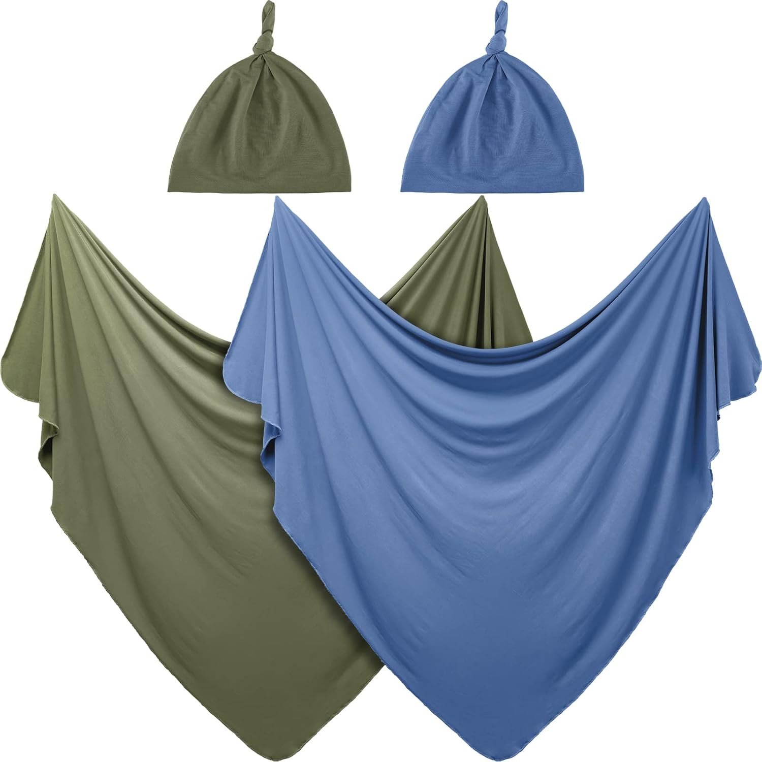 JaGely 2 Pcs Stretchy Baby Swaddle Blankets Set Extra Soft 47″ x 47″ Baby Newborn Swaddle Blanket and Hat(Blue, Army Green)