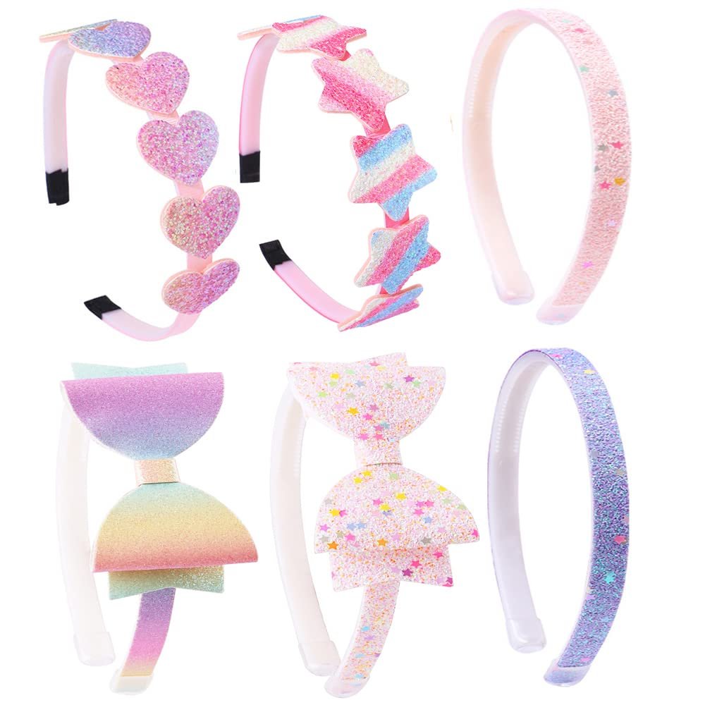 6 Pack Girls Headbands Glitter Kids Hair Accessories Bow/Heart/Star Shaped Sweet Hairband For Toddler/Girls/Teens