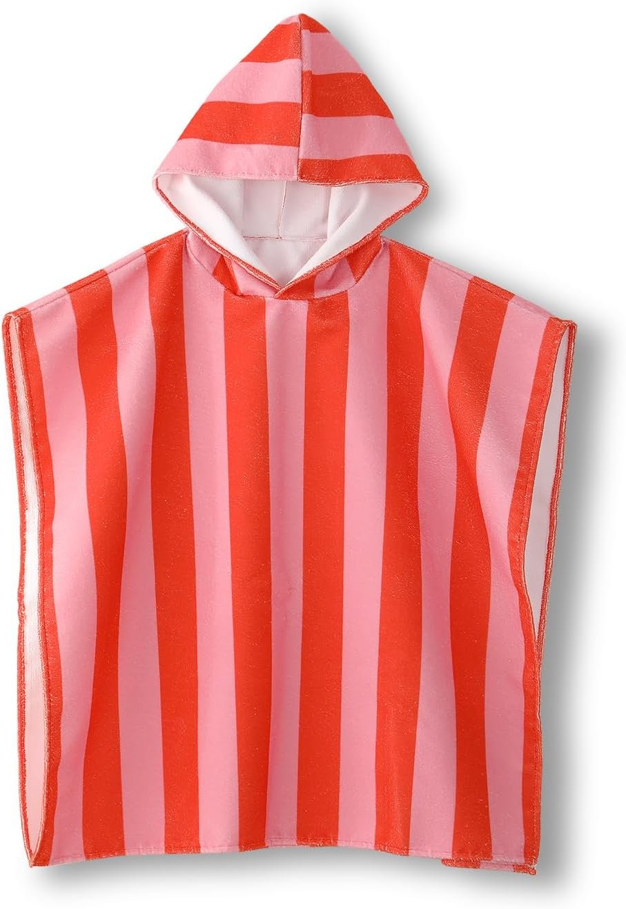 MONOBLANKS Striped Hooded Towels for Kids, 30″ x 30″ Soft Absorbent Beach Poncho Towel for 3-10 Years Boys Girls, Perfect for Pool Swimming, Bath, Beach (Pink-Orange)