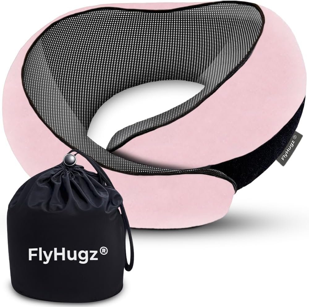 FlyHugz® Neck Travel Pillow Memory Foam Neck Pillow for Comfort on Airplane Compact and Ergonomic Design for Travel, Car Rides, and Home Use Ideal for Adults and Kids. (Pink)