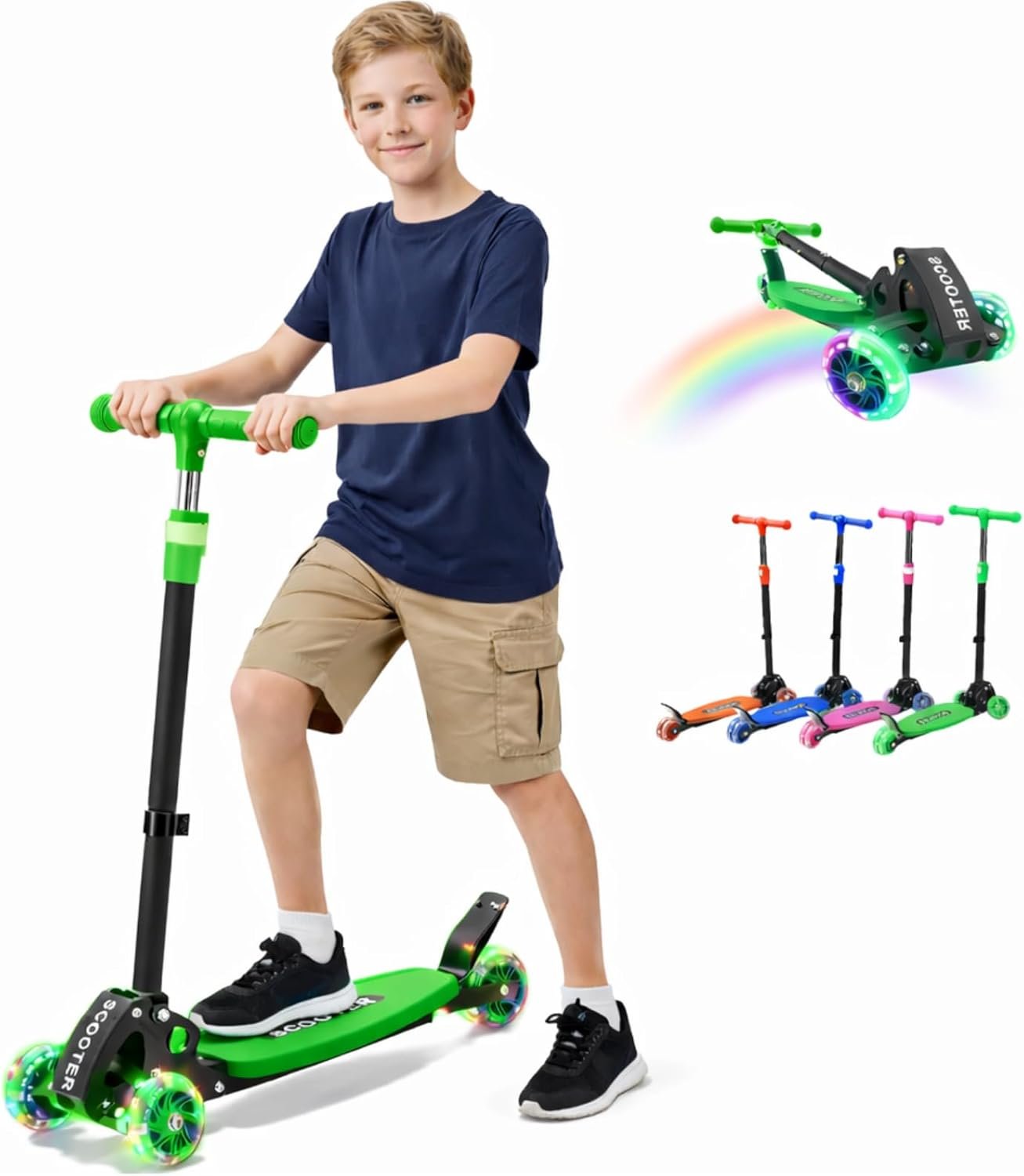 Kick Scooter for Kids Ages 6-12, LED Lighted Wheels and 3 Adjustable Height Handlebars, Kids Kick Scooter, Extra Wide Deck for Girls and Boys Blue